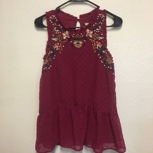 Swiss Dot and Embroidered Peplum Blouse